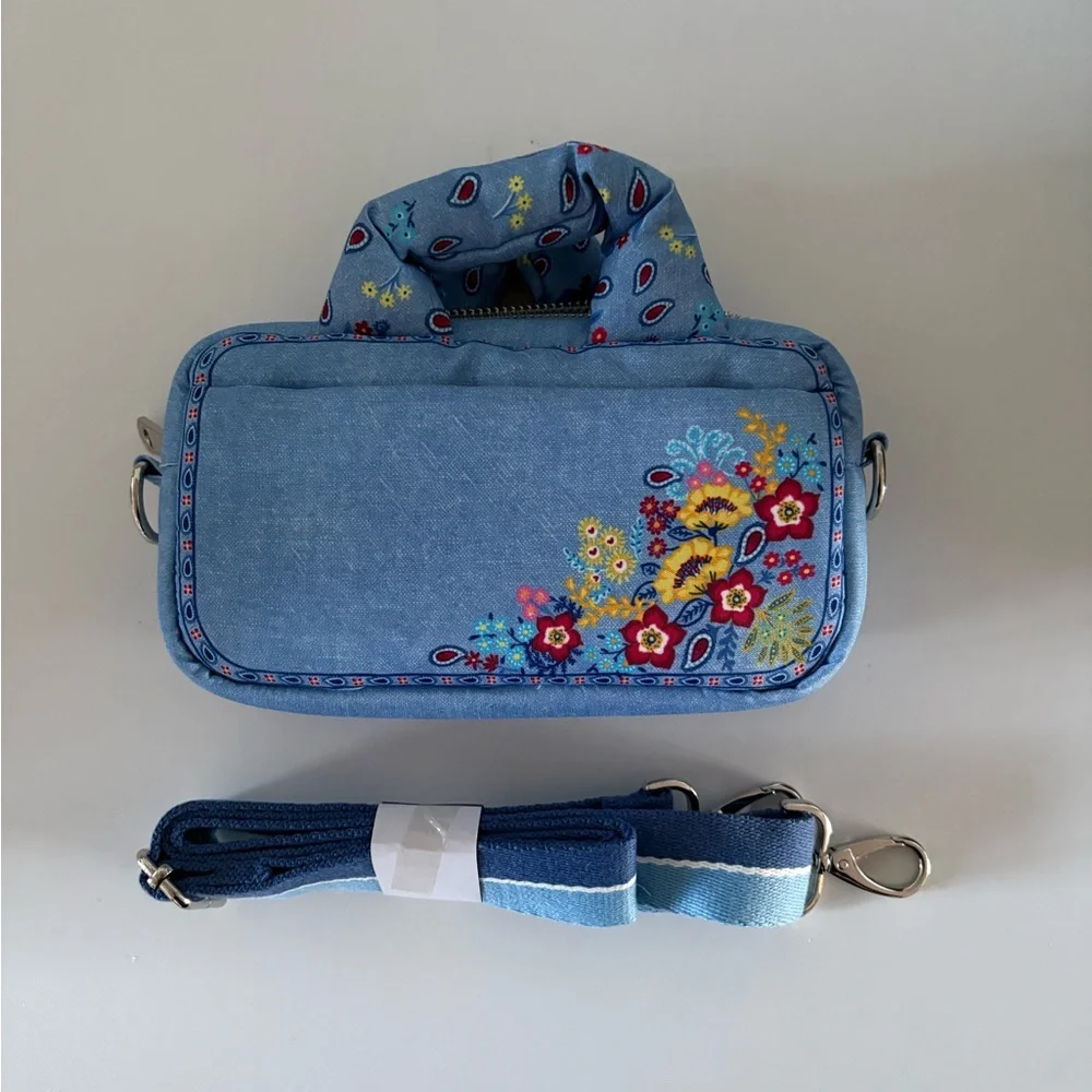 Brighton LOVE Bandana Floral Mini Crossbody Bag Blue Zip Pouch Wristlet Strap - Picture 2 of 4